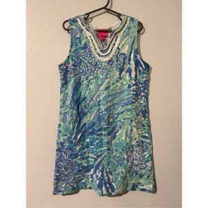Lilly Pulitzer mini Harper shirt dress blue green sleeveless dress girls L 8-10